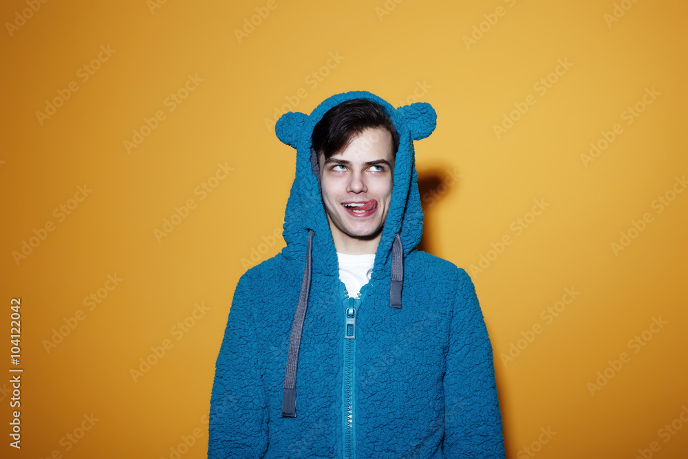 Funny crazy man in the teddy bear suit grimace Funny crazy man in the teddy bear suit grimace
