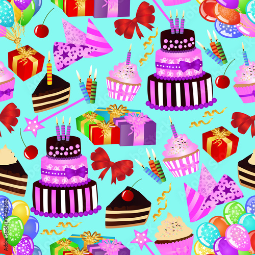Birthday seamless pattern with birthday cake  cupcake  balloons  gifts on blue background. Colourful birthday wallpaper. vector illustration