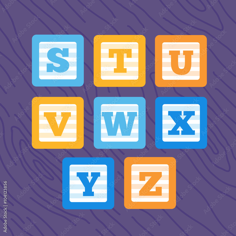 Set of flat vector minimalistic bold alphabet baby blocks. Colorful blue, yellow and orange letter cubes S T U V W X Y Z. Flat vector alphabet baby blocks Set of flat vector minimalistic bold alphabet baby blocks. Colorful blue, yellow and orange letter cubes S T U V W X Y Z. Flat vector alphabet baby blocks