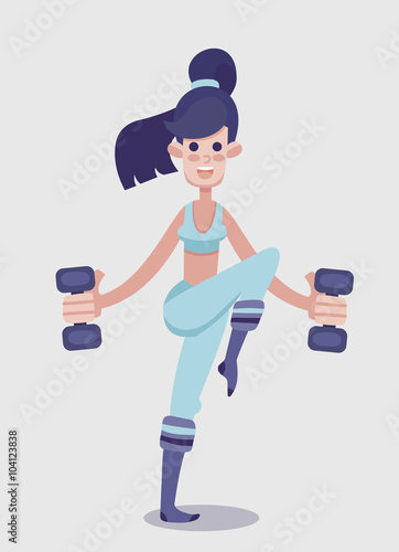 Young adult girl flat vector fitness character. Skinny woman in the blue top and leggings with serenity or violet ponytale works out with dumbbells. Perfect for motion graphics