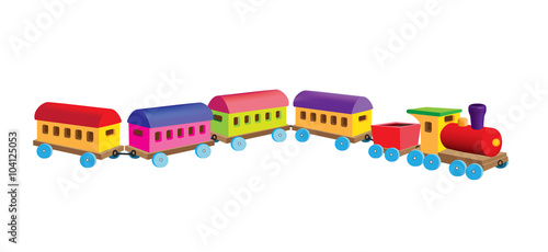 Little wooden model of a vintage passenger train isolated on a white background.