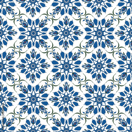 Ornamental blue turkish floral seamless pattern on the white background.