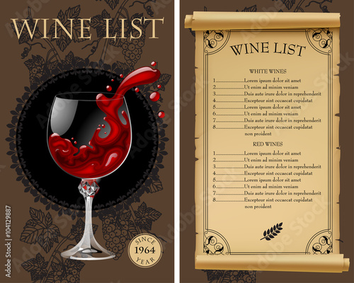 Wine list with old parchment, grapes, bottle and wineglass with