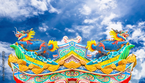 Chinese style dragon statue with blue sky.