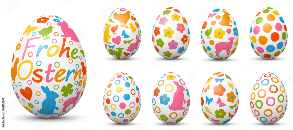 Frohe Ostern - Vector Ostereier Set mit bunten, fröhlichen Frühlingssymbolen Stil. Verschiedene farbige Variationen. Eier, Frühling, Symbole - Easter Egg Collection, Set.