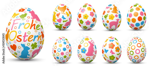 Frohe Ostern - Vector Ostereier Set mit bunten, fröhlichen Frühlingssymbolen Stil. Verschiedene farbige Variationen. Eier, Frühling, Symbole - Easter Egg Collection, Set.
