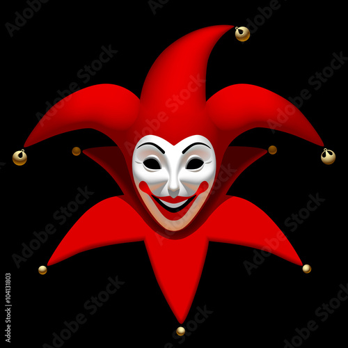 Joker head in red cap an white mask isolated on black