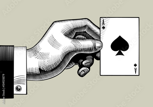 Hand with the ace of Spades playing card. Vintage engraving styl