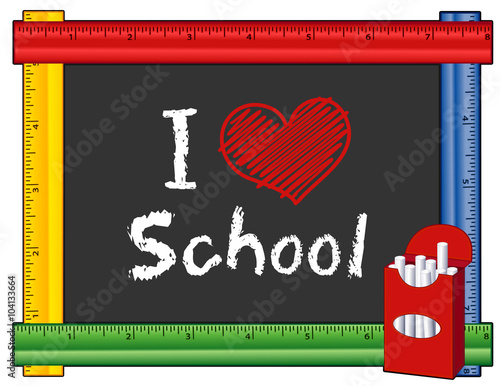 I Love School, box of chalk, text with big red heart, blackboard with multi color ruler frame for preschool, daycare, kindergarten, elementary, nursery school. Isolated on white. EPS8 compatible. 