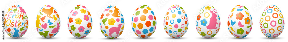 Frohe Ostern - Vektor Ostereier Set mit bunten, fröhlichen Symbolen. Verschiedene farbige Variationen. Eier, Frühling, Symbole. Easter Egg Collection - Happy Easter - Banner, Panorama Frohe Ostern - Vektor Ostereier Set mit bunten, fröhlichen Symbolen. Verschiedene farbige Variationen. Eier, Frühling, Symbole. Easter Egg Collection - Happy Easter - Banner, Panorama