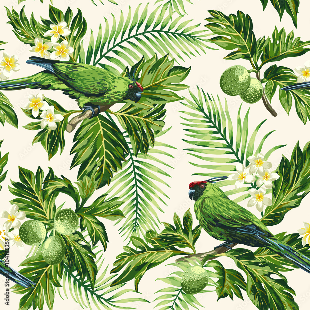 Obraz premium Bezszwowy tropikalny wzór z liśćmi, kwiatami i papugami.