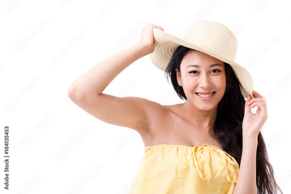 happy, smiling beautiful woman wearing hat in summer dress