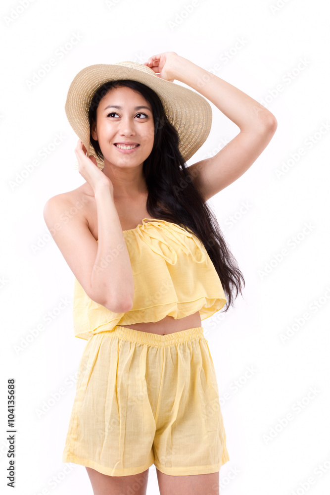 happy, smiling beautiful woman in summer dress looking up happy, smiling beautiful woman in summer dress looking up