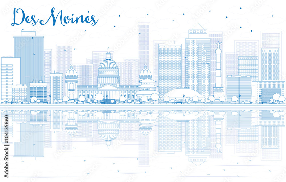 Outline Des Moines skyline with blue buildings and reflections.