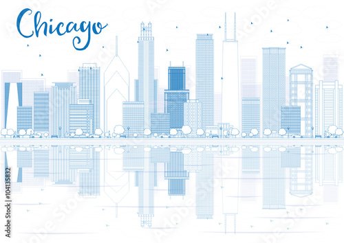 Outline Chicago skyline with blue buildings and reflections.