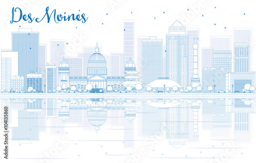 Outline Des Moines skyline with blue buildings and reflections.