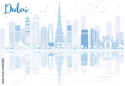 Outline Dubai skyline with blue buildings and reflections.