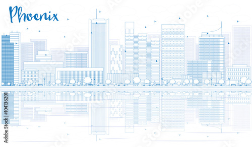 Outline Phoenix skyline with blue buildings and reflections.