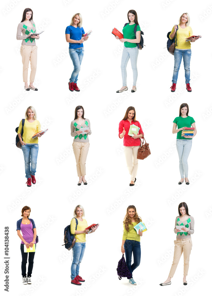 Collection of attractive school girls on isolated background.