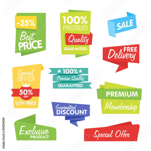 Sale and discount vector sticker. Isolated sticker on white background. Sale sticker, exclusive product, special offer and other sticker in origami style.