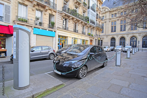 Paris, France, February 9, 2016: electric car charges in Paris, France