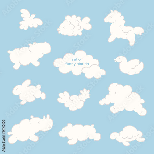 Set of funny clouds in the form of different animals on blue. Vector background.