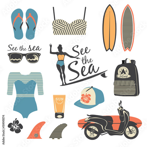 Beach style. Surfer retro vector set.