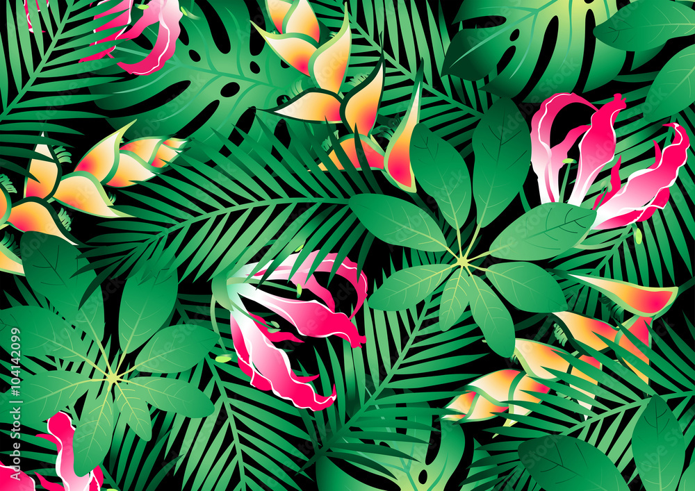 Lush tropical flowers and plants background Lush tropical flowers and plants background