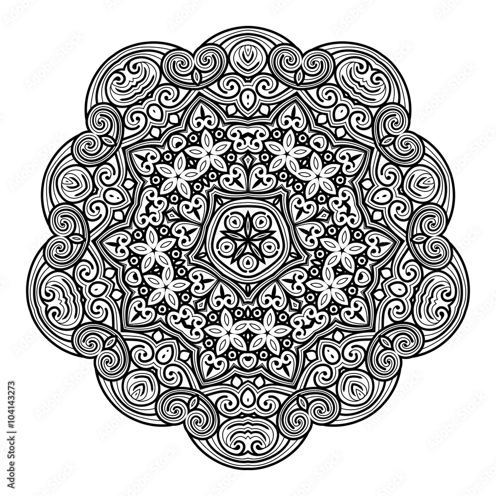 Dekoratives Vektor Element - abstraktes, florales, schwarzes Mandala Muster isoliert auf weißem Hintergrund