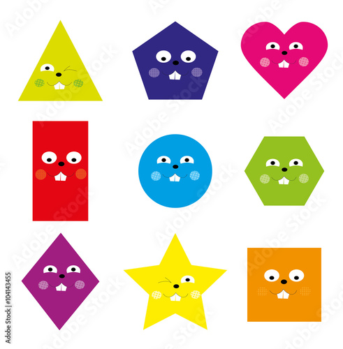 Learning Set of funny basic geometric smiling cartoon shapes for children / vector illustration for kids on white background