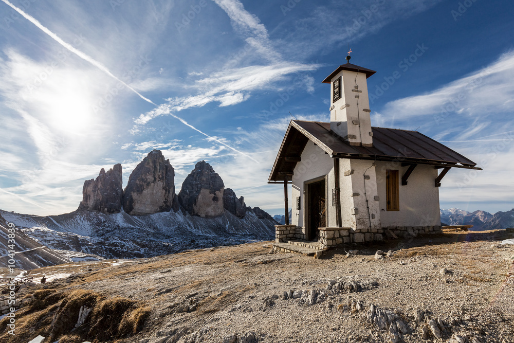 Three peaks of Lavaredo and typical church Three peaks of Lavaredo and typical church