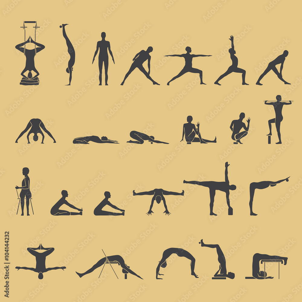 Yoga pose. Set of 24 yoga poses with props.