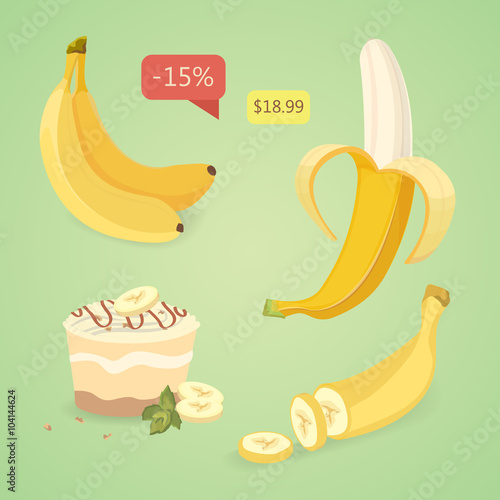 Fresh banana fruits, collection of vector illustrations. Set banana.Peeled and sliced bananas