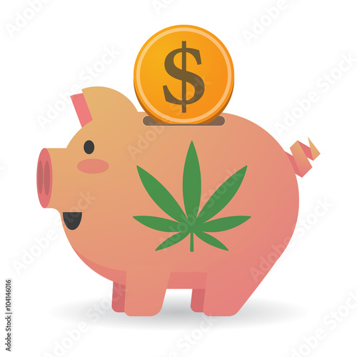 Isolated piggy bank with a marijuana leaf