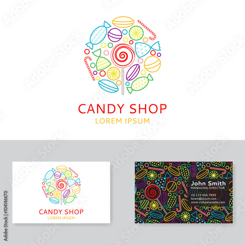 Candy shop logo and business card. Background with candy icons in trendy linear style. Vector illustration.