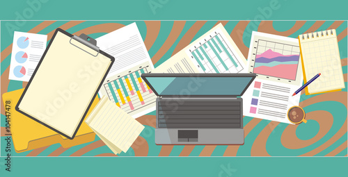 Work Table Document and Laptop Design Flat