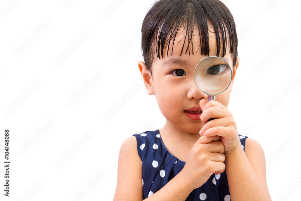 Asian Little Chinese Girl Holding Magnifying Glass