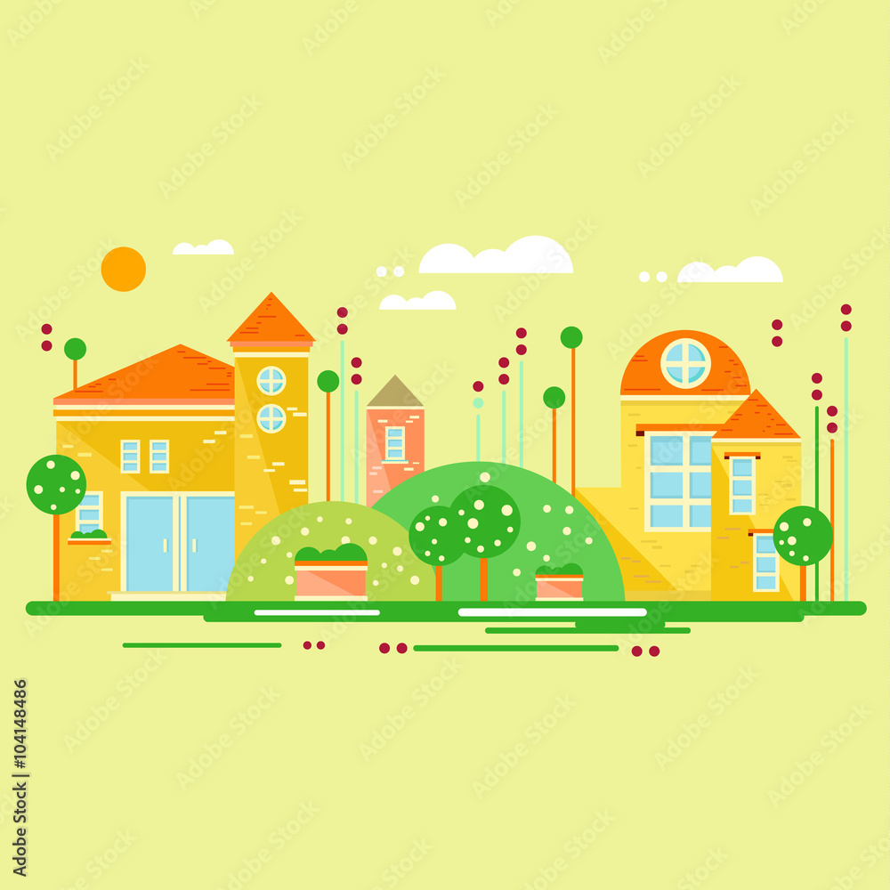 Landscape with Cute Little Houses. Vector Illustration