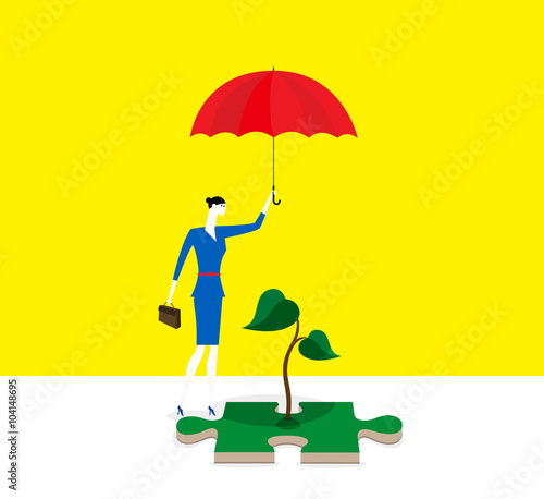 Look after / A business woman protects a plant for future.