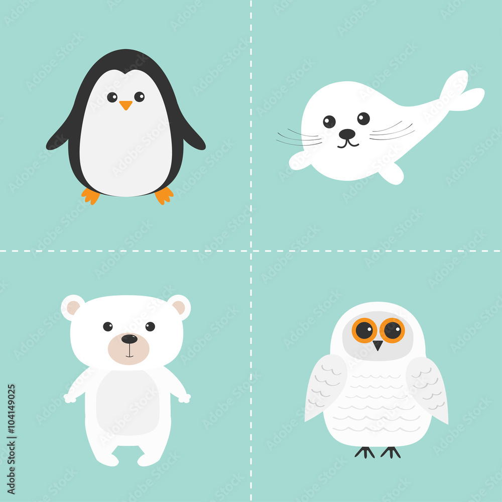 Fototapeta premium Arctic polar animal set. White bear, owl, penguin, Seal pup baby harp. Kids education cards. Blue background. Isolated. Flat design.