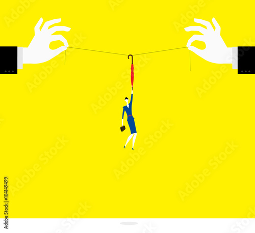 Be controlled / A business woman was hanging helplessly in the air.