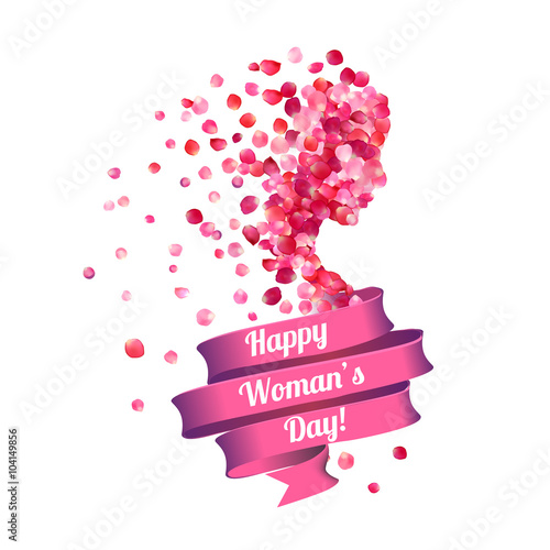 8 march. Happy Woman's Day! Silhouette of a woman of pink rose p
