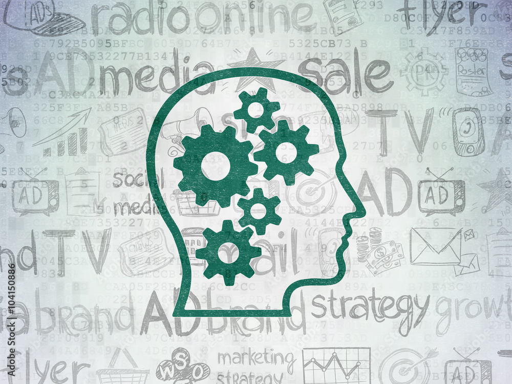 Marketing concept: Head With Gears on Digital Paper background