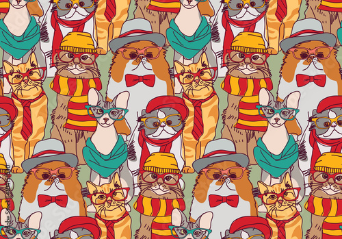 Cute cats group fashion hipster seamless pattern.