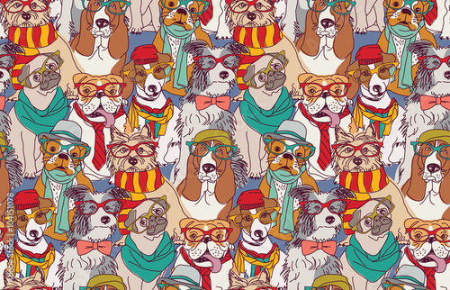 Cute dog fashion hipster seamless pattern.