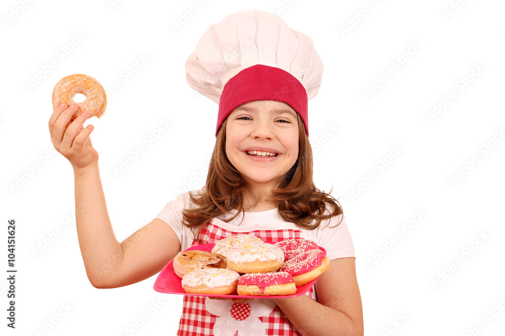 happy little girl cook with sweet donuts happy little girl cook with sweet donuts