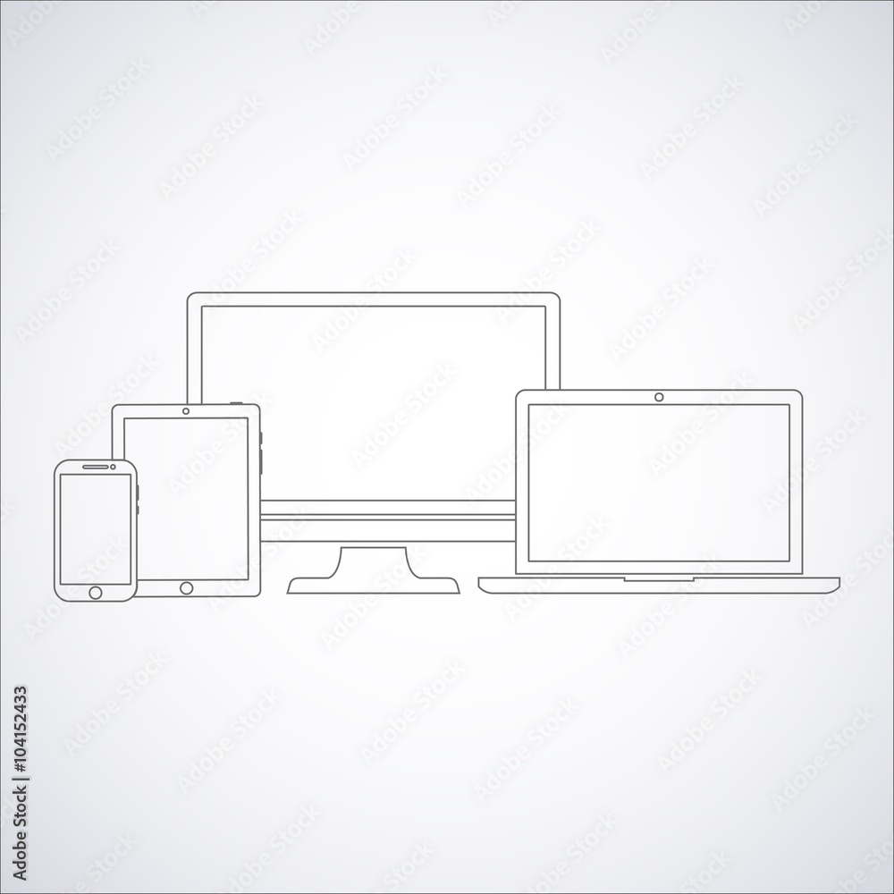 Set of display, laptop, tablet and mobile phones electronic device outline icons template. Vector illustration. EPS10 Set of display, laptop, tablet and mobile phones electronic device outline icons template. Vector illustration. EPS10