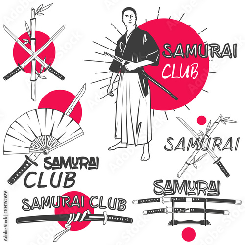 Vector set of samurai labels in vintage style. Oriental martial arts club concept. Crossed katana swords.