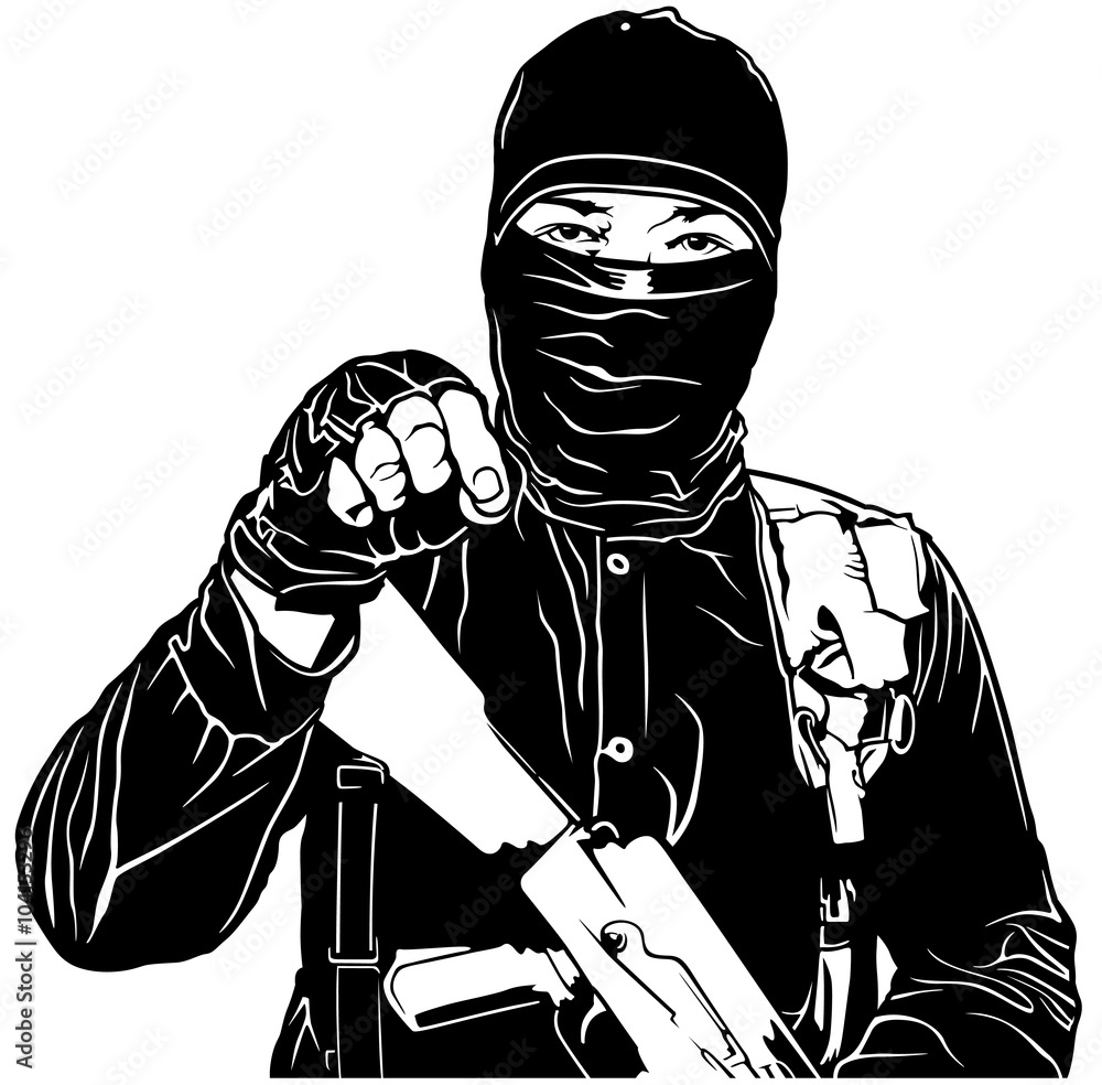 Terrorist in Black and Mask with Kalashnikov - Black Illustration, Vector Векторный объект Stock