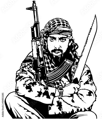 Sitting Terrorist Holding Long Knife and Submachine Gun - Illustration, Vector